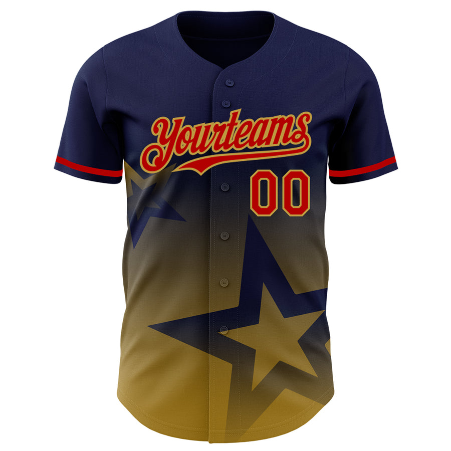 Custom Navy Red-Old Gold 3D Pattern Design Gradient Style Twinkle Star Authentic Baseball Jersey