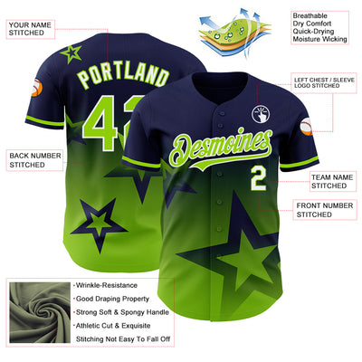 Custom Navy Neon Green-White 3D Pattern Design Gradient Style Twinkle Star Authentic Baseball Jersey