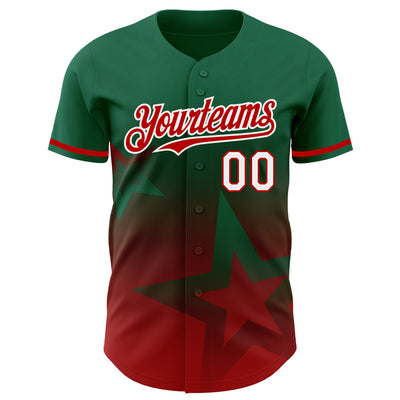 Custom Kelly Green Red-White 3D Pattern Design Gradient Style Twinkle Star Authentic Baseball Jersey