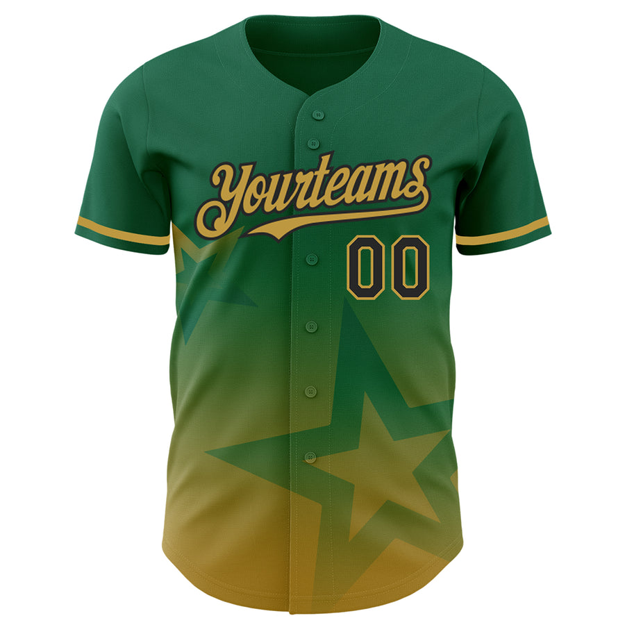 Custom Kelly Green Old Gold-Black 3D Pattern Design Gradient Style Twinkle Star Authentic Baseball Jersey