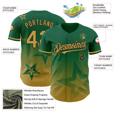 Custom Kelly Green Old Gold-Black 3D Pattern Design Gradient Style Twinkle Star Authentic Baseball Jersey