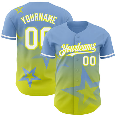 Custom Light Blue White-Neon Yellow 3D Pattern Design Gradient Style Twinkle Star Authentic Baseball Jersey