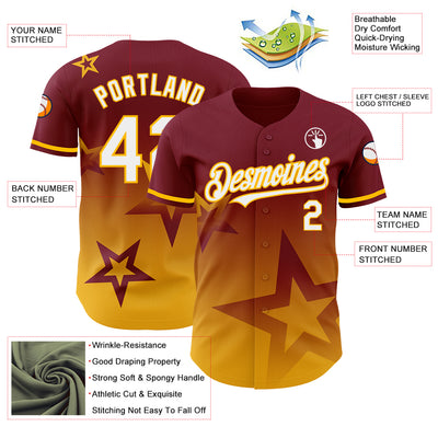 Custom Crimson White-Gold 3D Pattern Design Gradient Style Twinkle Star Authentic Baseball Jersey