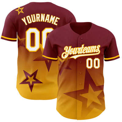 Custom Crimson White-Gold 3D Pattern Design Gradient Style Twinkle Star Authentic Baseball Jersey