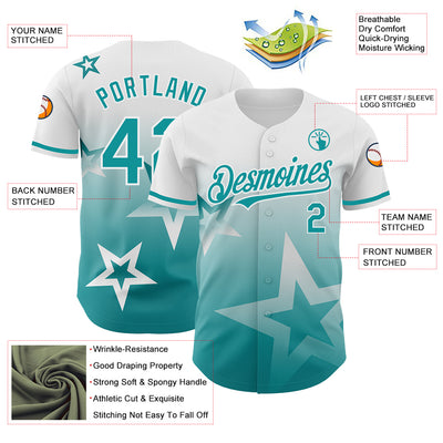 Custom White Teal 3D Pattern Design Gradient Style Twinkle Star Authentic Baseball Jersey
