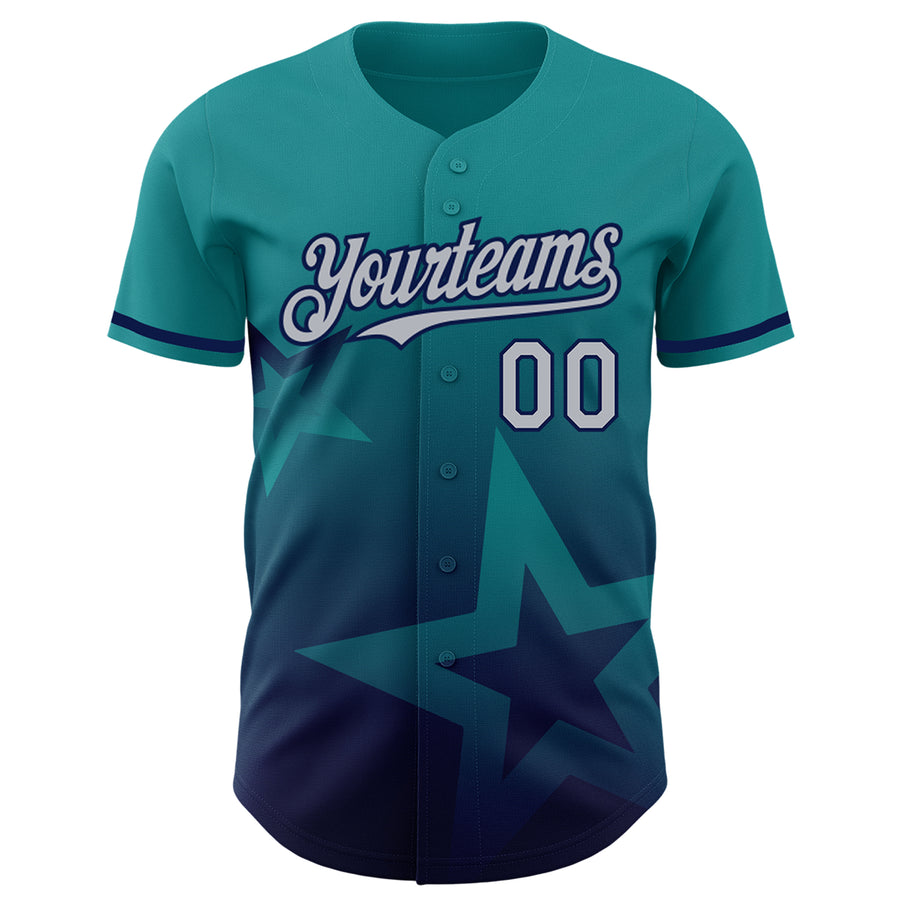 Custom Teal Gray-Navy 3D Pattern Design Gradient Style Twinkle Star Authentic Baseball Jersey