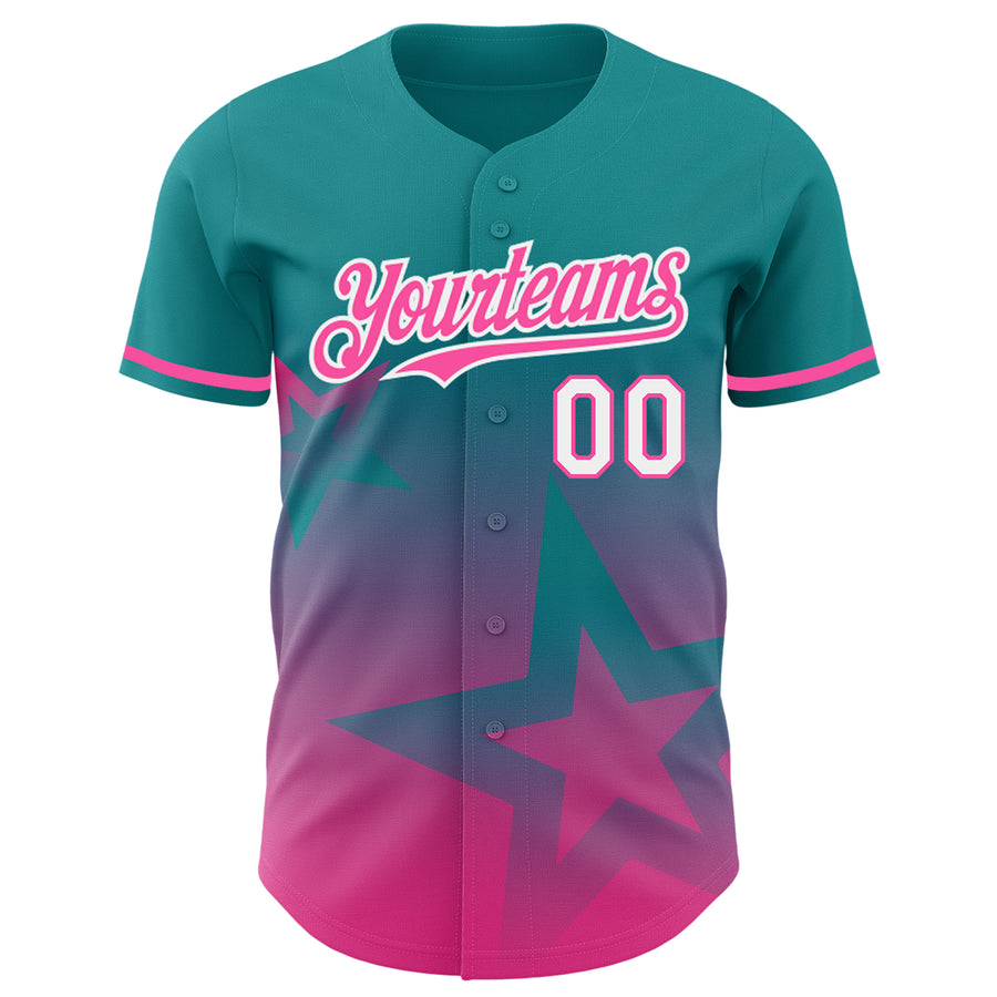 Custom Teal Pink-White 3D Pattern Design Gradient Style Twinkle Star Authentic Baseball Jersey