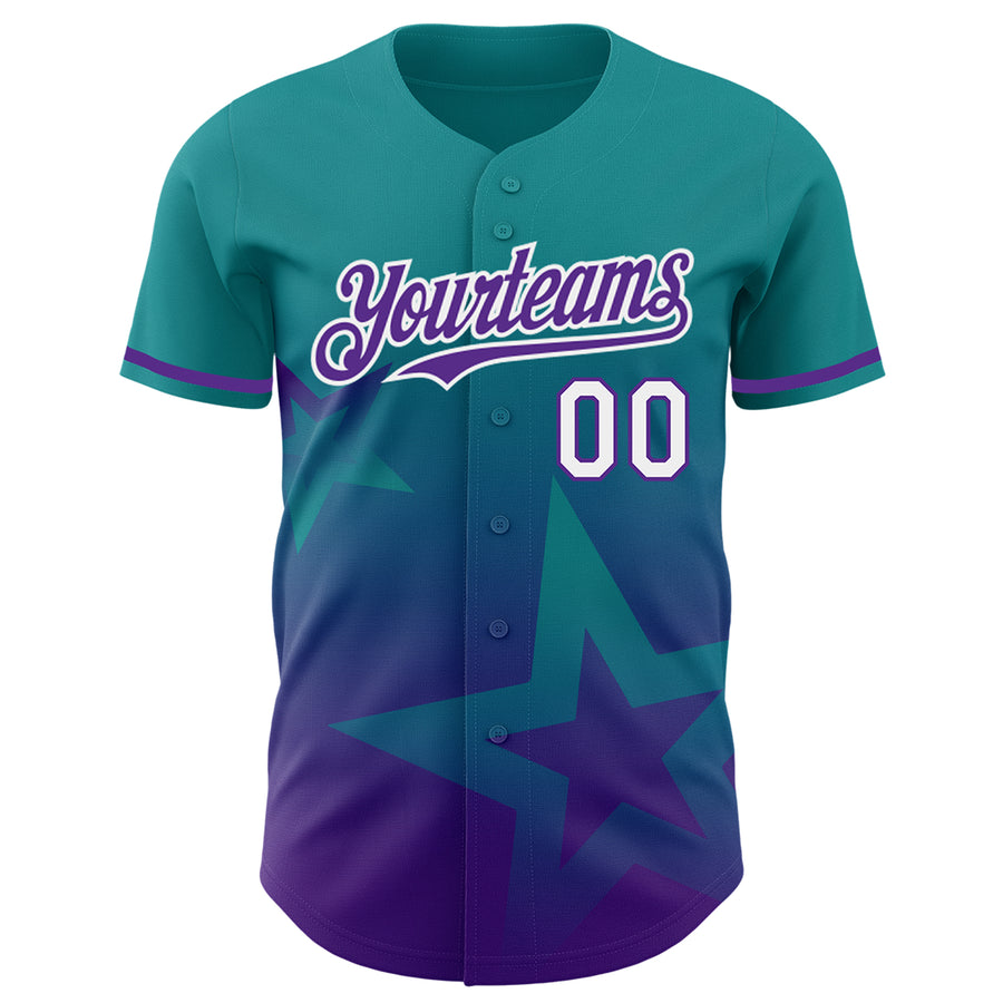 Custom Teal Purple-White 3D Pattern Design Gradient Style Twinkle Star Authentic Baseball Jersey
