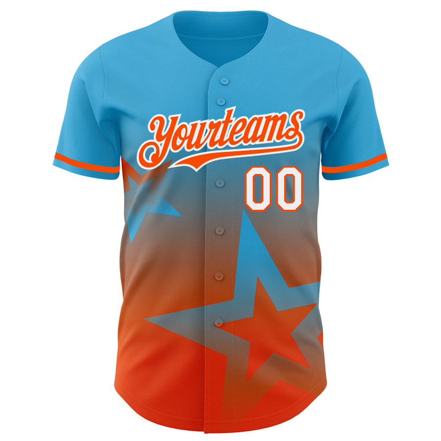 Custom Sky Blue Orange-White 3D Pattern Design Gradient Style Twinkle Star Authentic Baseball Jersey