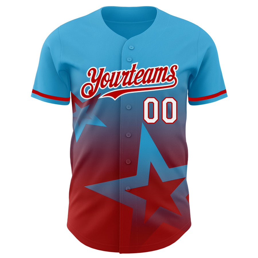 Custom Sky Blue Red-White 3D Pattern Design Gradient Style Twinkle Star Authentic Baseball Jersey