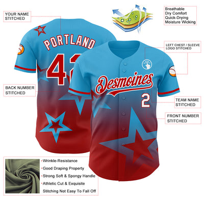 Custom Sky Blue Red-White 3D Pattern Design Gradient Style Twinkle Star Authentic Baseball Jersey