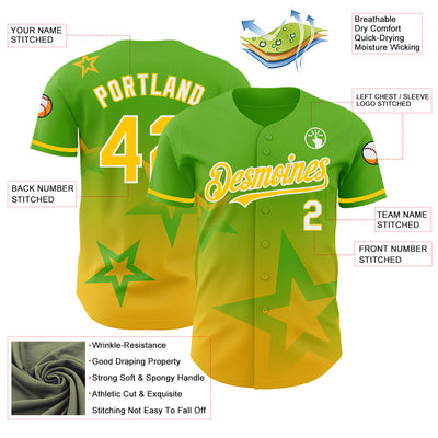 Custom Aurora Green Yellow-White 3D Pattern Design Gradient Style Twinkle Star Authentic Baseball Jersey