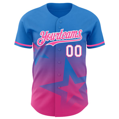 Custom Electric Blue Pink-White 3D Pattern Design Gradient Style Twinkle Star Authentic Baseball Jersey