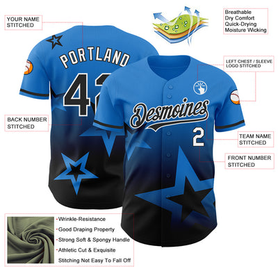 Custom Electric Blue Black-White 3D Pattern Design Gradient Style Twinkle Star Authentic Baseball Jersey