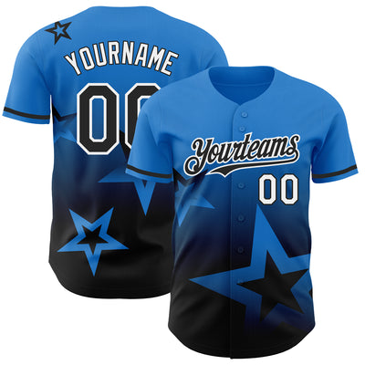 Custom Electric Blue Black-White 3D Pattern Design Gradient Style Twinkle Star Authentic Baseball Jersey