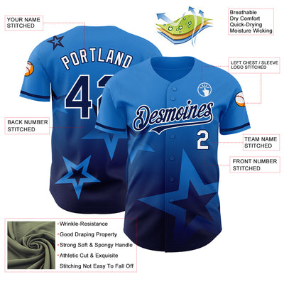 Custom Electric Blue Navy-White 3D Pattern Design Gradient Style Twinkle Star Authentic Baseball Jersey