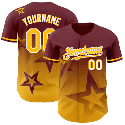 Custom Burgundy Gold-White 3D Pattern Design Gradient Style Twinkle Star Authentic Baseball Jersey