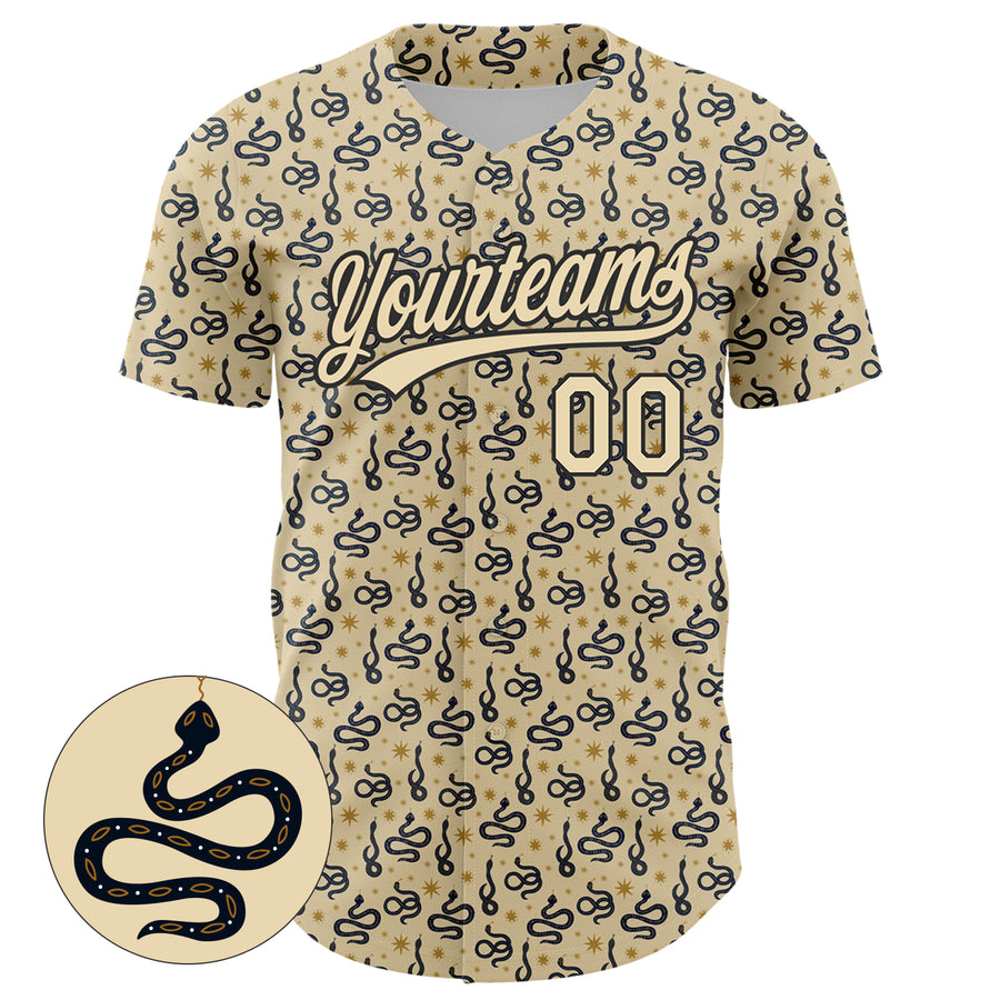 Custom Cream Black 3D Pattern Design Animal Snake Authentic Baseball Jersey