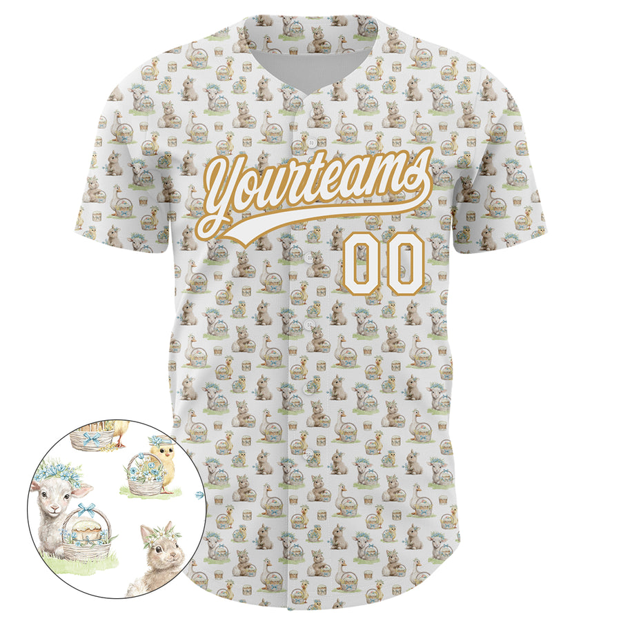 Custom White Old Gold 3D Pattern Design Animal Rabbit Sheep Chicken And Duck Authentic Baseball Jersey