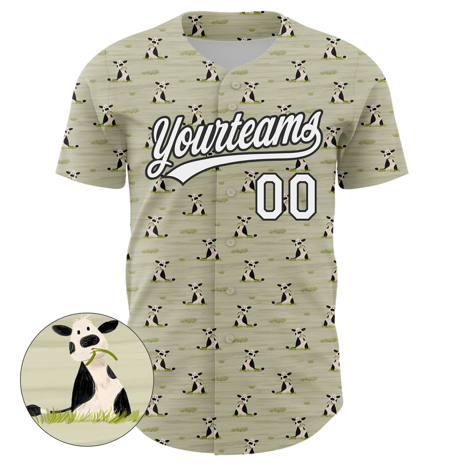 Custom Green White-Black 3D Pattern Design Animal Cow Authentic Baseball Jersey