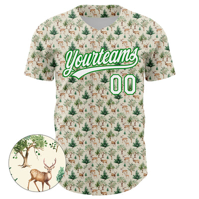 Custom Cream White-Grass Green 3D Pattern Design Animal Deer Authentic Baseball Jersey