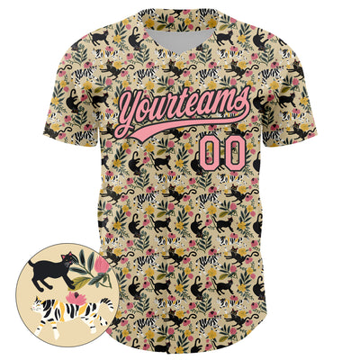 Custom Cream Medium Pink-Black 3D Pattern Design Animal Cat Authentic Baseball Jersey