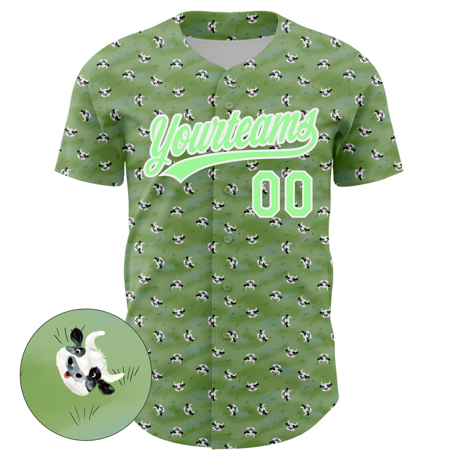 Custom Green Pea Green-White 3D Pattern Design Animal Cow Authentic Baseball Jersey