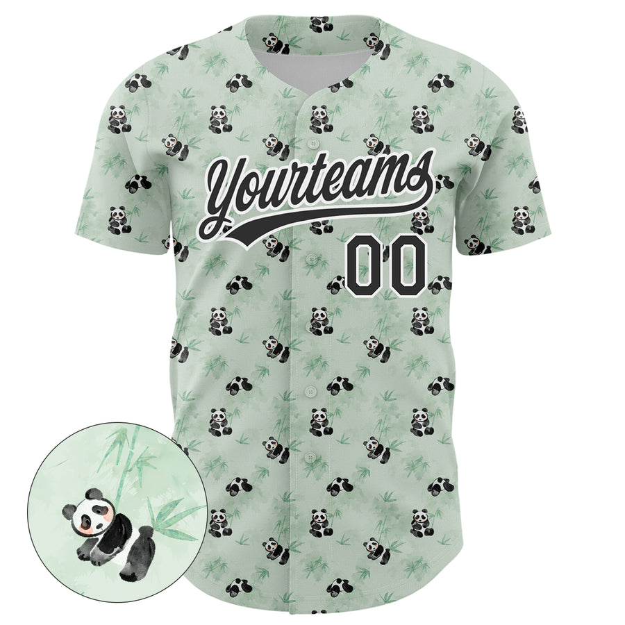 Custom Green Black-White 3D Pattern Design Animal Panda Authentic Baseball Jersey