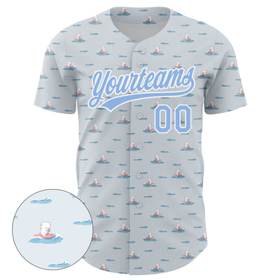 Custom Gray Light Blue-White 3D Pattern Design Animal Dog Surfing Authentic Baseball Jersey