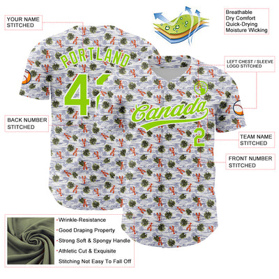 Custom White Neon Green 3D Pattern Design Animal Lobster And Hawaii Palm Trees Authentic Baseball Jersey