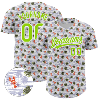 Custom White Neon Green 3D Pattern Design Animal Lobster And Hawaii Palm Trees Authentic Baseball Jersey