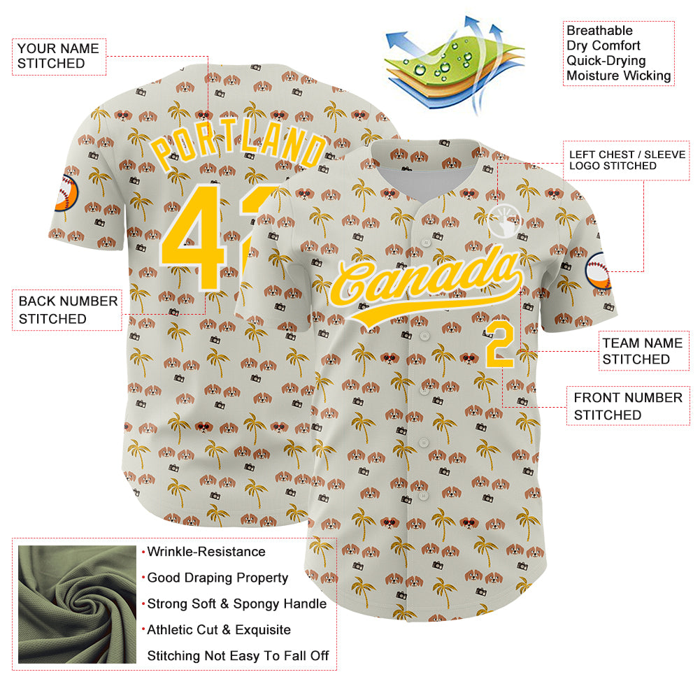 Custom White Yellow 3D Pattern Design Animal Dog And Hawaii Palm Trees Authentic Baseball Jersey