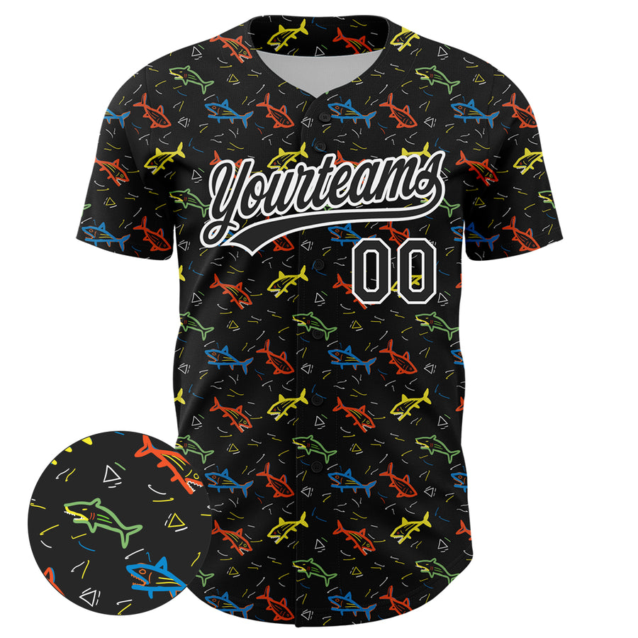 Custom Black White 3D Pattern Design Animal Fish Authentic Baseball Jersey