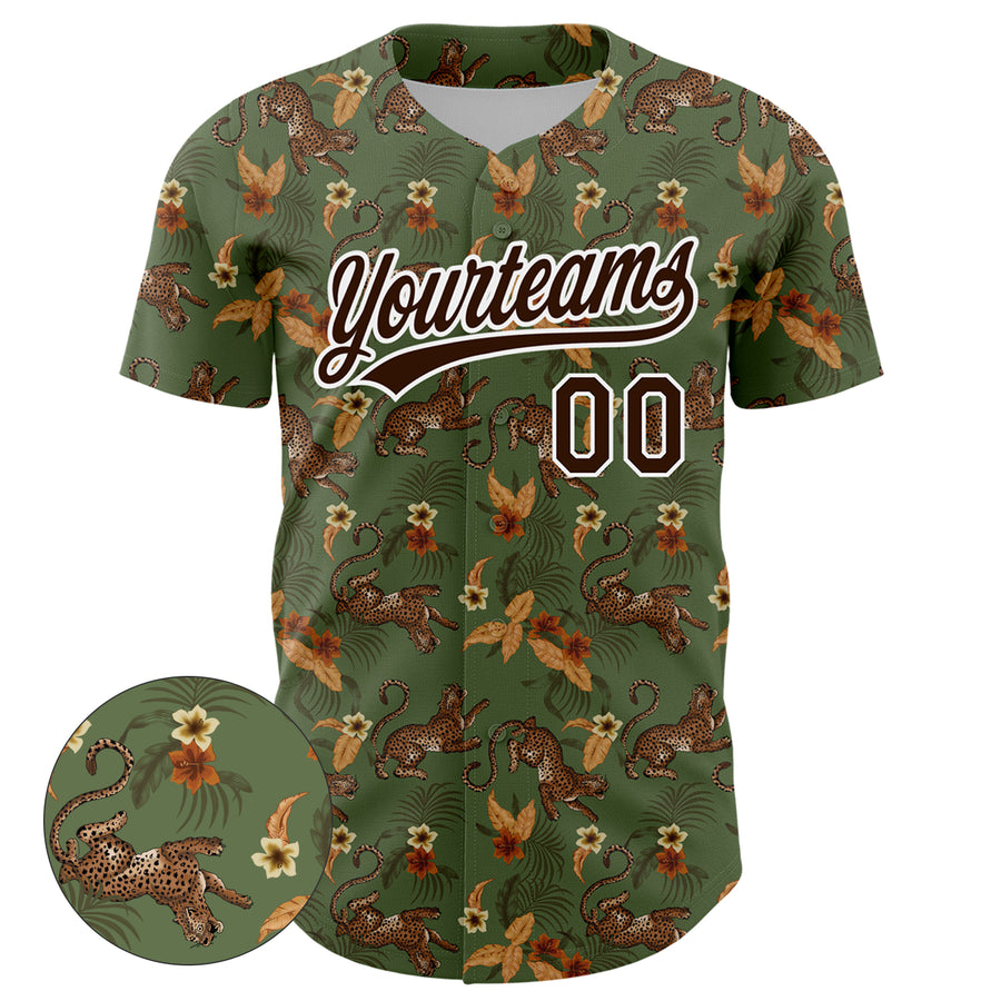 Custom Green Brown-White 3D Pattern Design Animal Leopard And Hawaii Palm Leaves Authentic Baseball Jersey