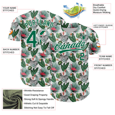 Custom White Kelly Green 3D Pattern Design Animal Zebra Flamingo And Hawaii Palm Leaves Authentic Baseball Jersey