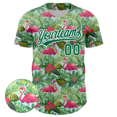 Custom White Kelly Green 3D Pattern Design Animal Flamingo And Hawaii Palm Leaves Authentic Baseball Jersey