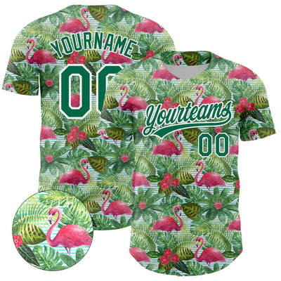 Custom White Kelly Green 3D Pattern Design Animal Flamingo And Hawaii Palm Leaves Authentic Baseball Jersey