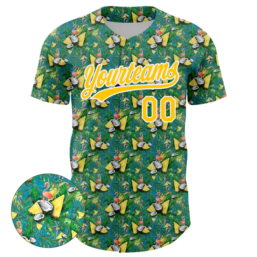 Custom Green White-Yellow 3D Pattern Design Animal Flamingo And Hawaii Palm Leaves Authentic Baseball Jersey