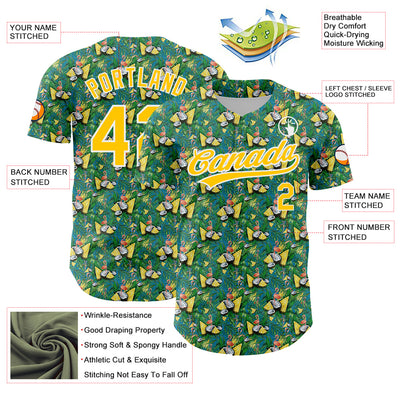 Custom Green White-Yellow 3D Pattern Design Animal Flamingo And Hawaii Palm Leaves Authentic Baseball Jersey