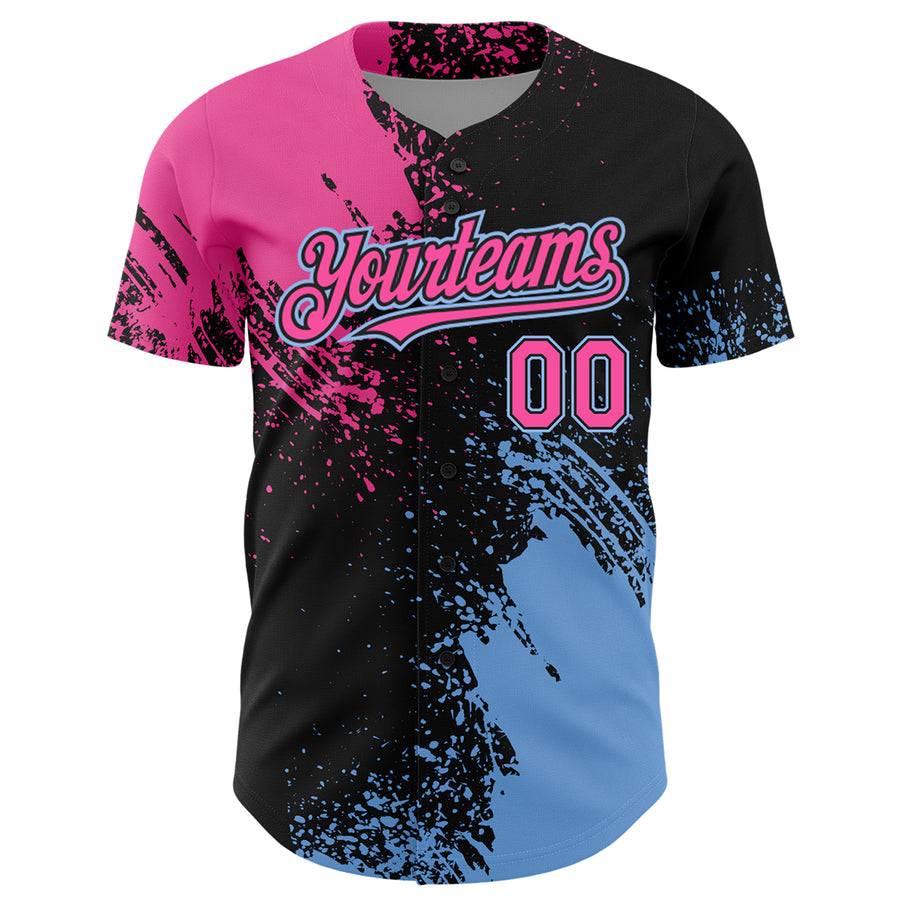 Custom Pink Black-Light Blue 3D Pattern Design Abstract Brush Stroke Authentic Baseball Jersey