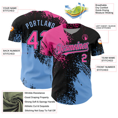 Custom Pink Black-Light Blue 3D Pattern Design Abstract Brush Stroke Authentic Baseball Jersey