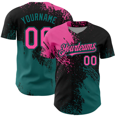 Custom Pink Black-Teal 3D Pattern Design Abstract Brush Stroke Authentic Baseball Jersey