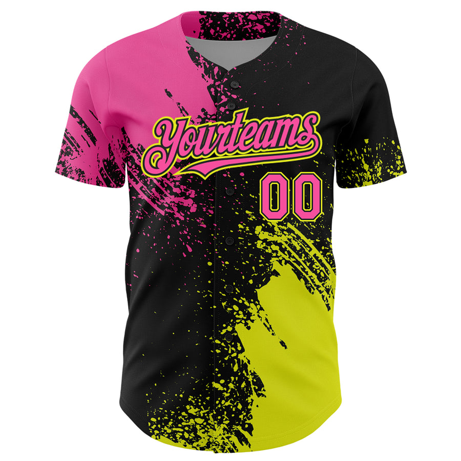 Custom Pink Black-Neon Yellow 3D Pattern Design Abstract Brush Stroke Authentic Baseball Jersey