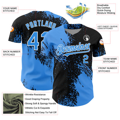 Custom Electric Blue Black-White 3D Pattern Design Abstract Brush Stroke Authentic Baseball Jersey