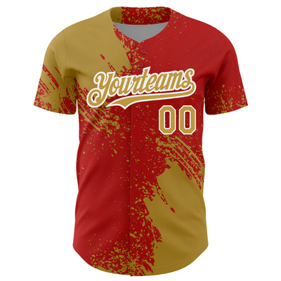 Custom Old Gold Red-White 3D Pattern Design Abstract Brush Stroke Authentic Baseball Jersey