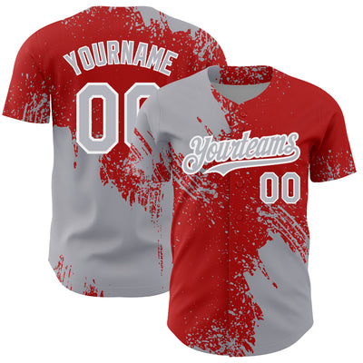 Custom Gray Red-White 3D Pattern Design Abstract Brush Stroke Authentic Baseball Jersey