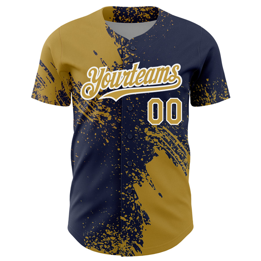 Custom Old Gold Navy-White 3D Pattern Design Abstract Brush Stroke Authentic Baseball Jersey