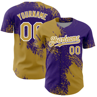 Custom Old Gold Purple-White 3D Pattern Design Abstract Brush Stroke Authentic Baseball Jersey