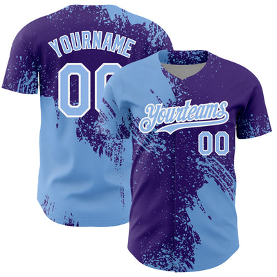 Custom Light Blue Purple-White 3D Pattern Design Abstract Brush Stroke Authentic Baseball Jersey