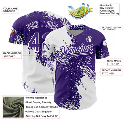 Custom White Purple 3D Pattern Design Abstract Brush Stroke Authentic Baseball Jersey